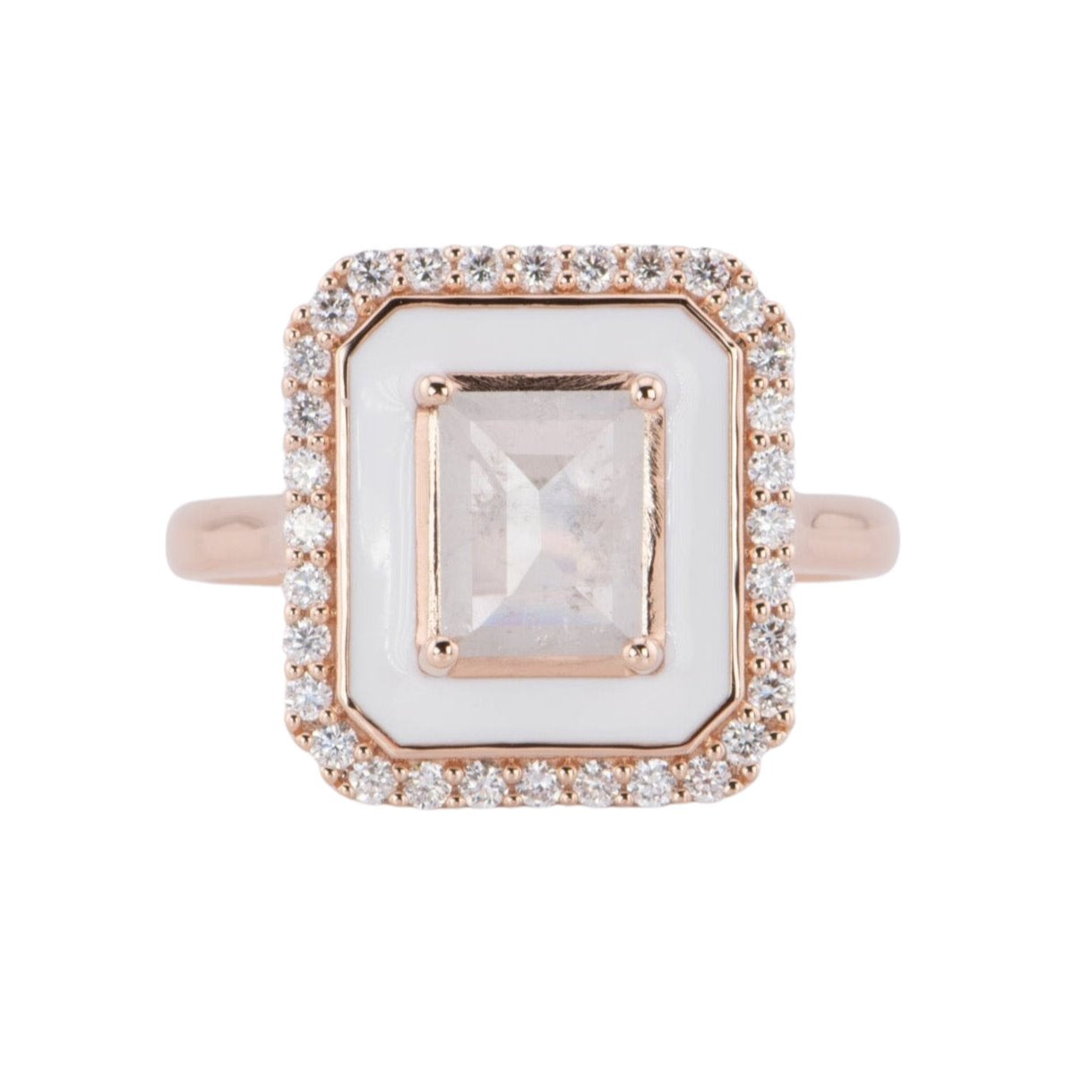 Icy Gray Diamond 1.01ct with White Enamel Halo and Outer Diamonds Engagement Ring 14K Rose Gold R6596 Aurora Designer