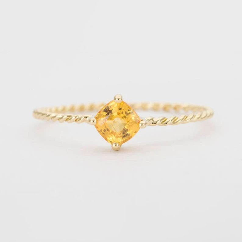 Dainty Yellow Sapphire Ring on Solid 18K Gold Twist Band AD1324 Closeout