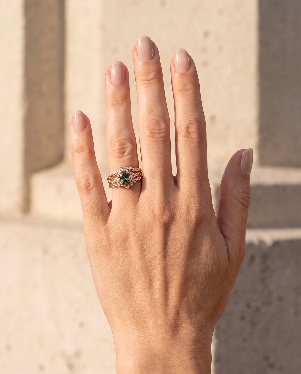 14K Gold Montana Sapphire Leaf Engagement Ring Set with Matching Wedding Band