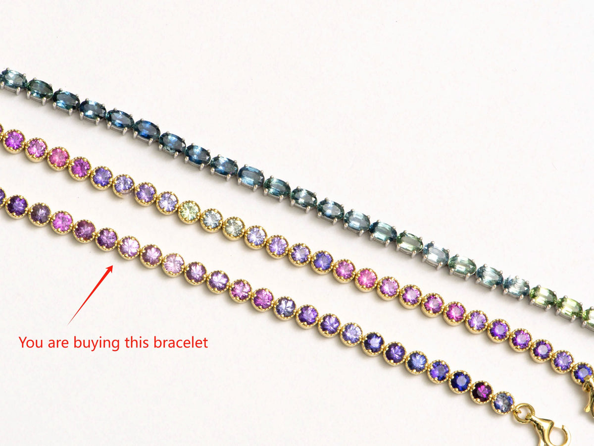 4mm Wide Purple Pink Ombre Sapphire Bracelet 14K Gold R2120 Aurora Designer
