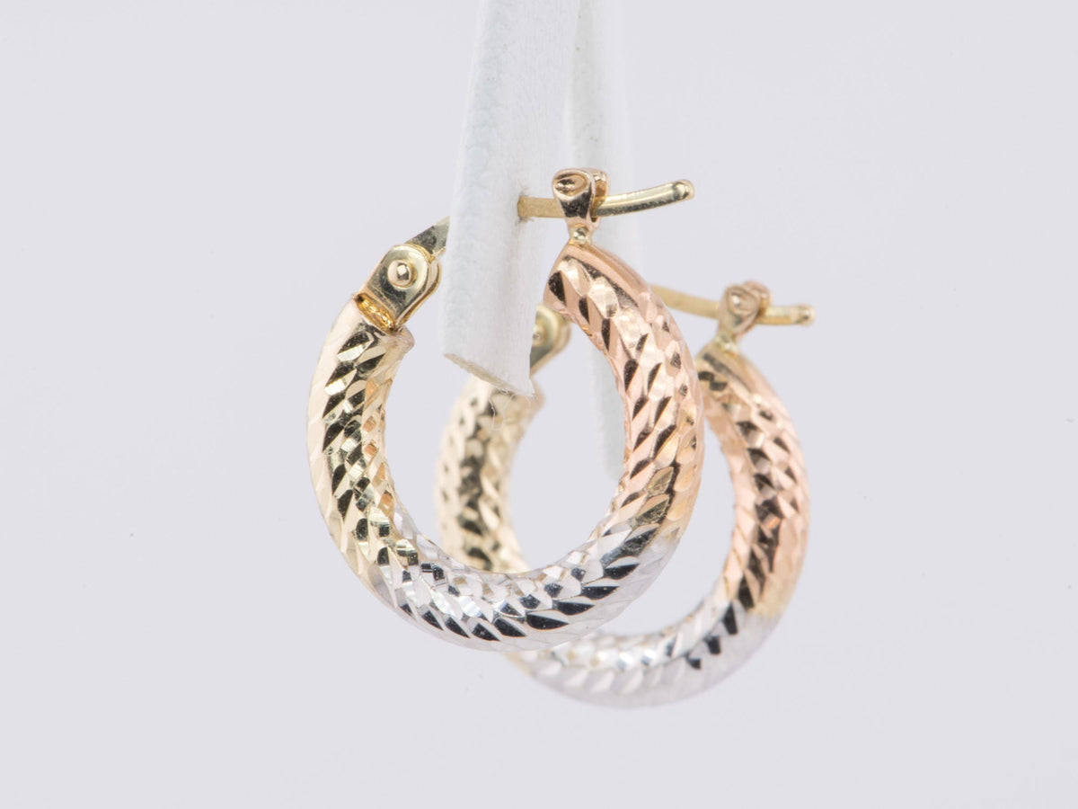 16mm Tri-Color Diamond Cut Hoop Earrings 14K Gold R3164 Aurora Designer