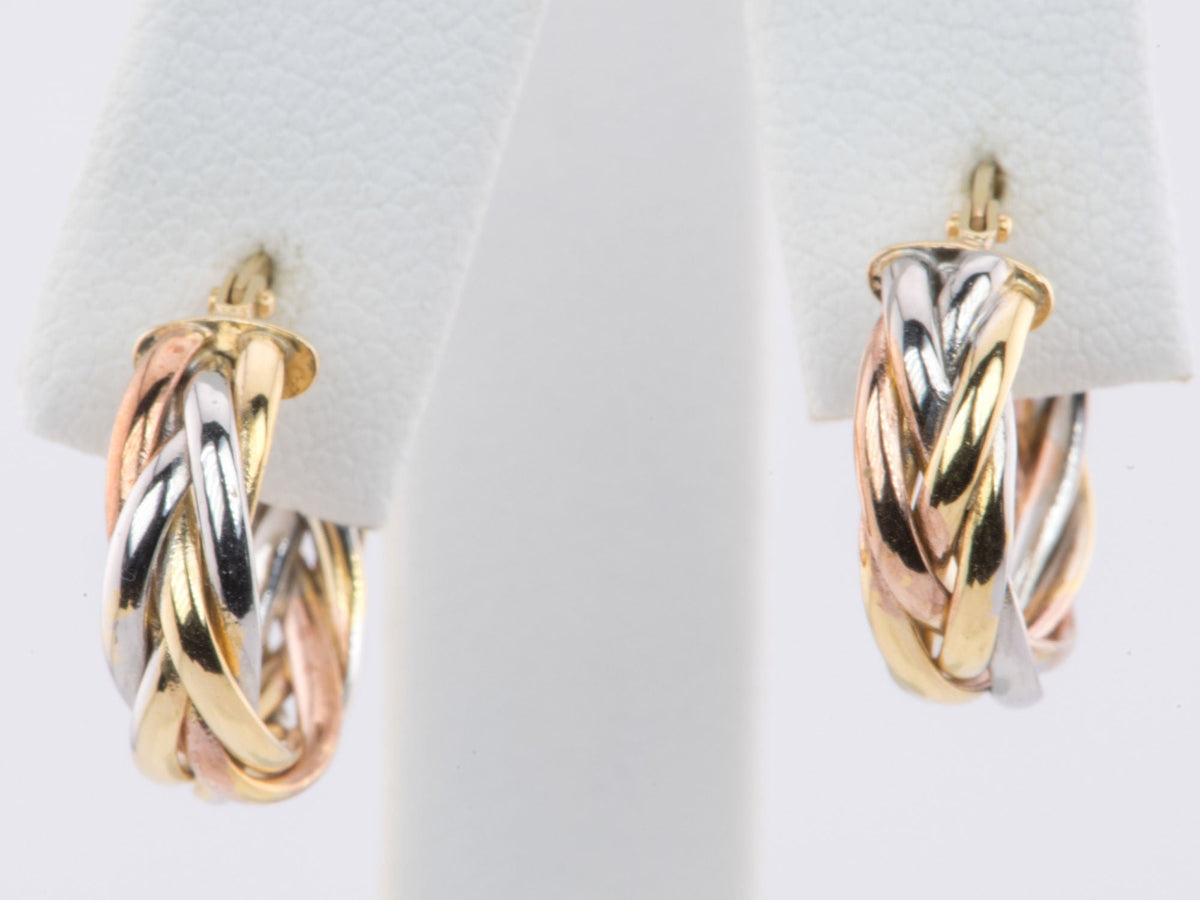 16mm Tri-Color Braided Hoop Earrings 14K Gold R3167 Aurora Designer