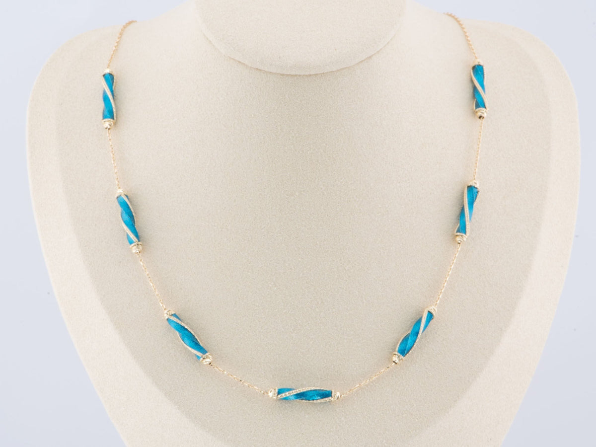 16&quot; 14K Gold Necklace 6.9g Diamond Cut and Bright Blue Enamel Spiral Links R4509 Aurora Designer