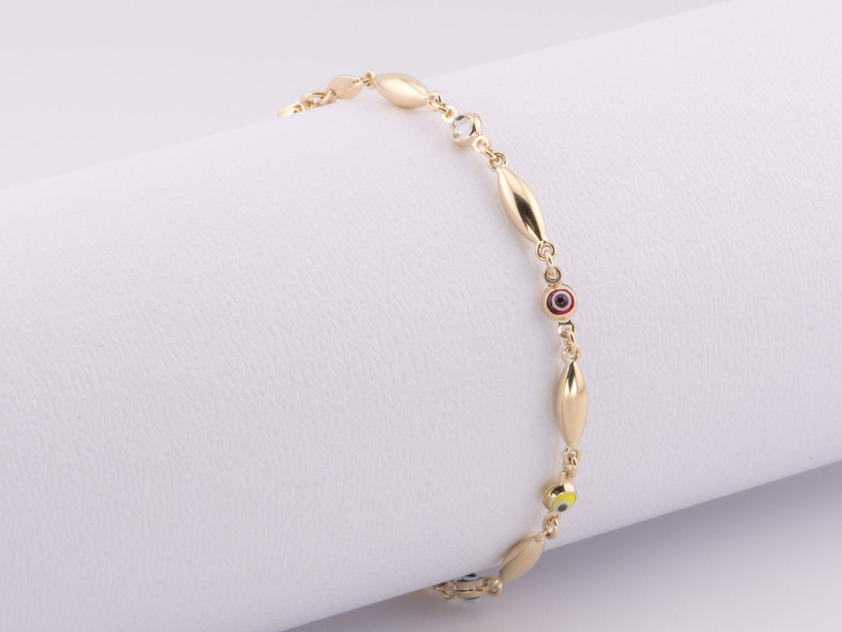 7.25" 14K Gold Multi-Color Evil Eye &amp; Gold Link Bracelet R2078 Aurora Designer