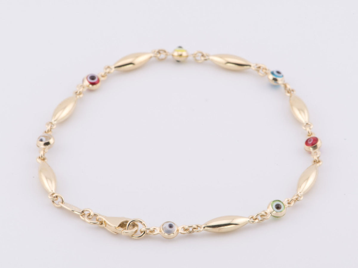 7.25" 14K Gold Multi-Color Evil Eye &amp; Gold Link Bracelet R2078 Aurora Designer