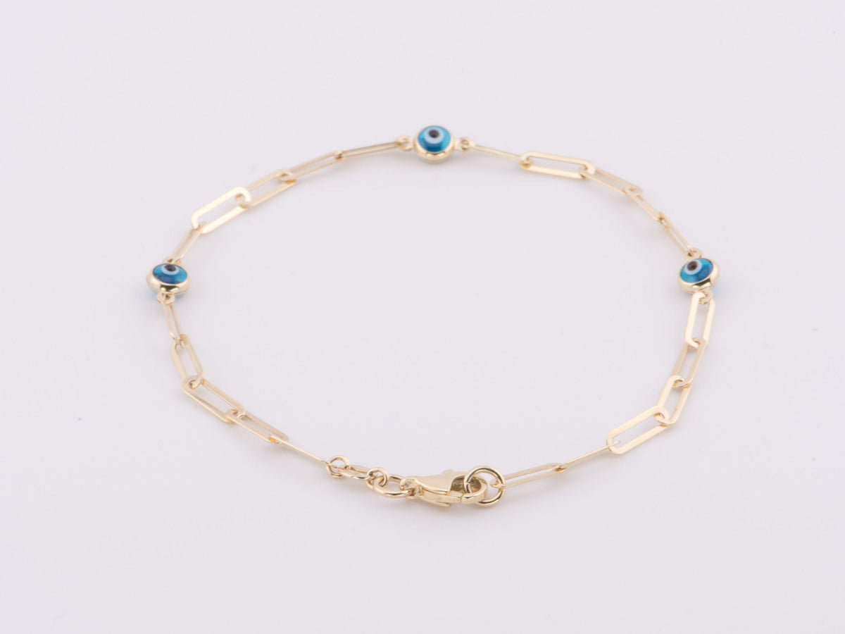 7.25" 14K Gold Evil Eye &amp; Paperclip Link Bracelet R2080 Aurora Designer