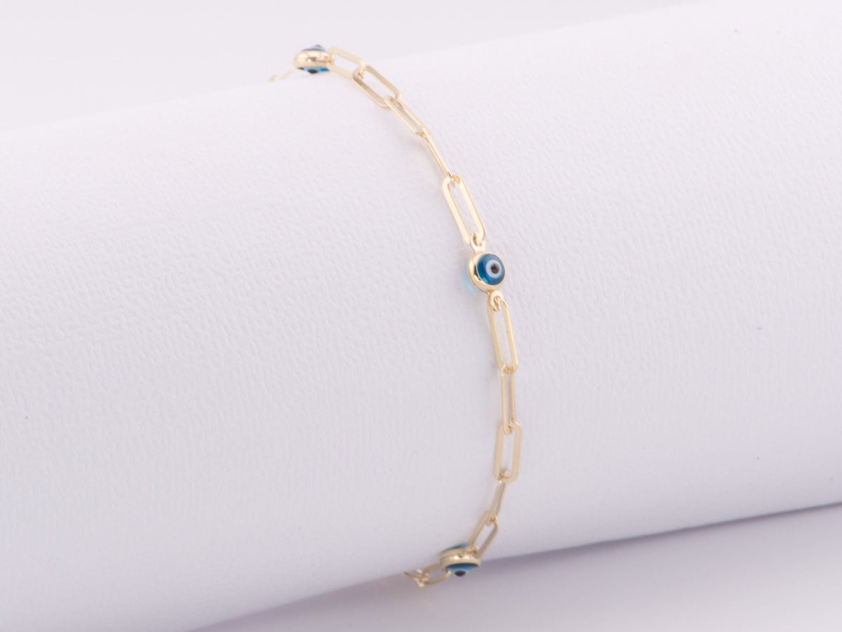 7.25" 14K Gold Evil Eye &amp; Paperclip Link Bracelet R2080 Aurora Designer
