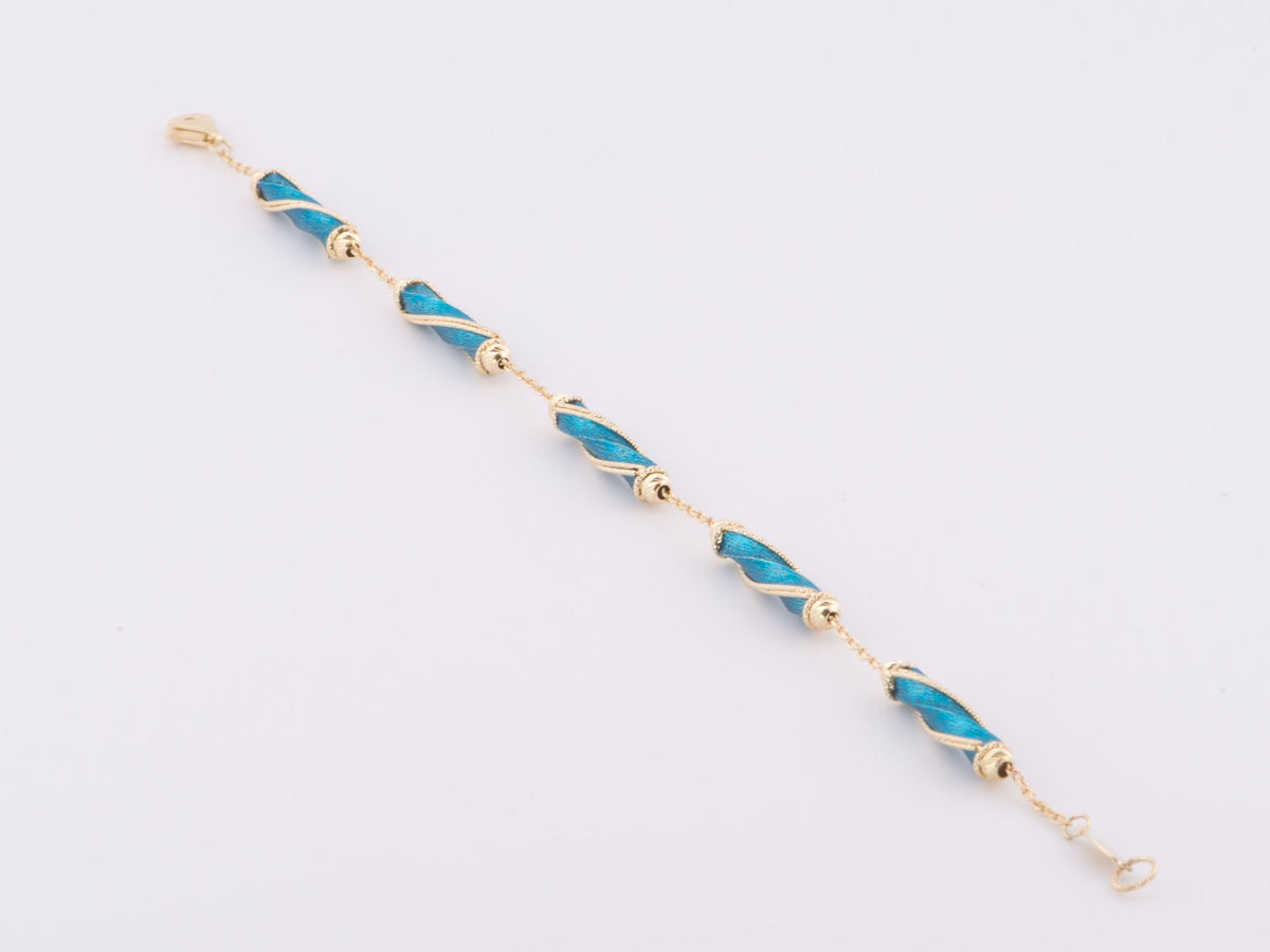 7&quot; 14K Gold Bracelet Diamond Cut and Bright Blue Enamel Spiral Links 4.57g R2083 Aurora Designer