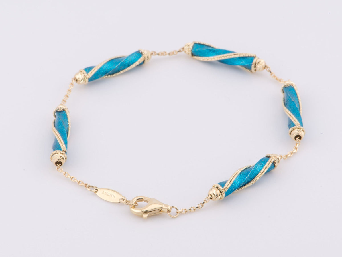 7&quot; 14K Gold Bracelet Diamond Cut and Bright Blue Enamel Spiral Links 4.57g R2083 Aurora Designer