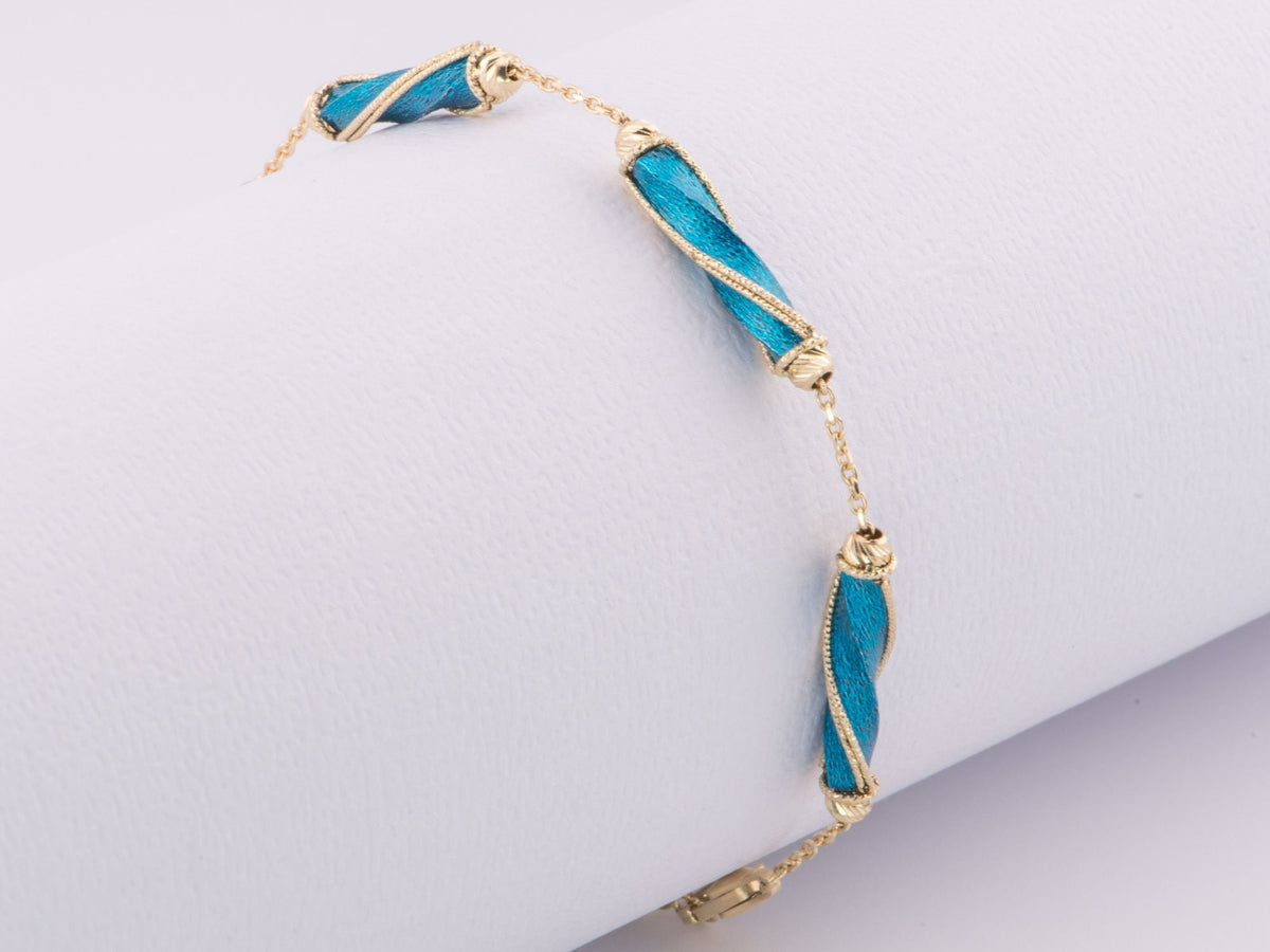 7&quot; 14K Gold Bracelet Diamond Cut and Bright Blue Enamel Spiral Links 4.57g R2083 Aurora Designer