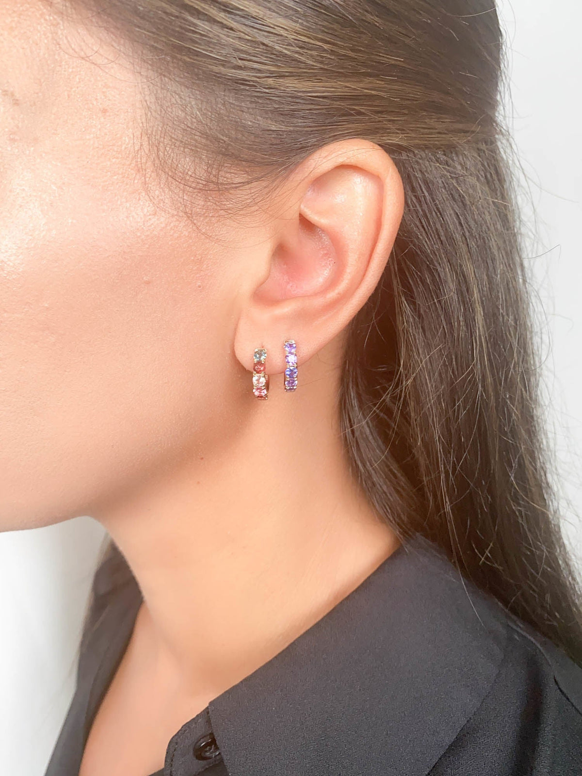 Colorful Mixed Sapphire Spinel Tourmaline Huggie Earrings 14K Gold R3183 Aurora Designer