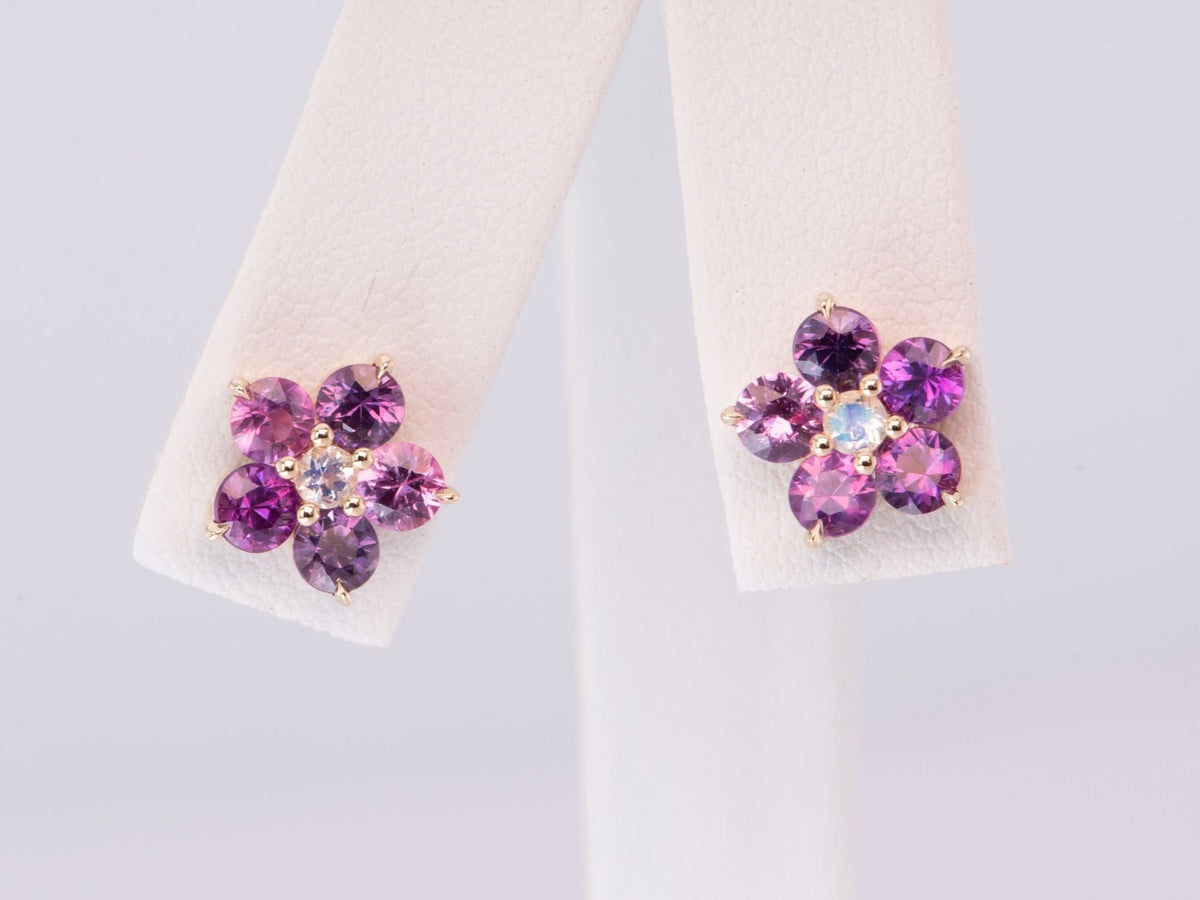 Bright Purple Sapphire and Moonstone Flower Earrings 14K Gold R3184 Aurora Designer
