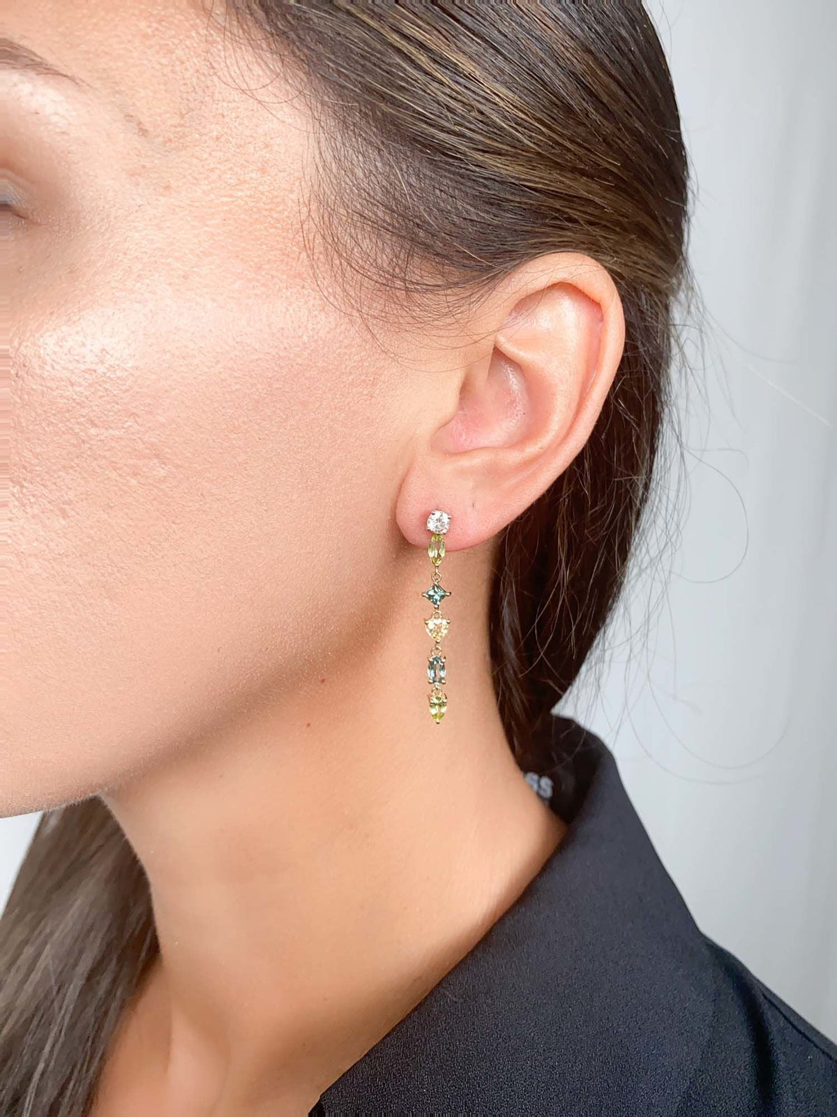 Mixed Bright Color Tourmaline Long Ear Dangles 14K Gold R3185 Aurora Designer