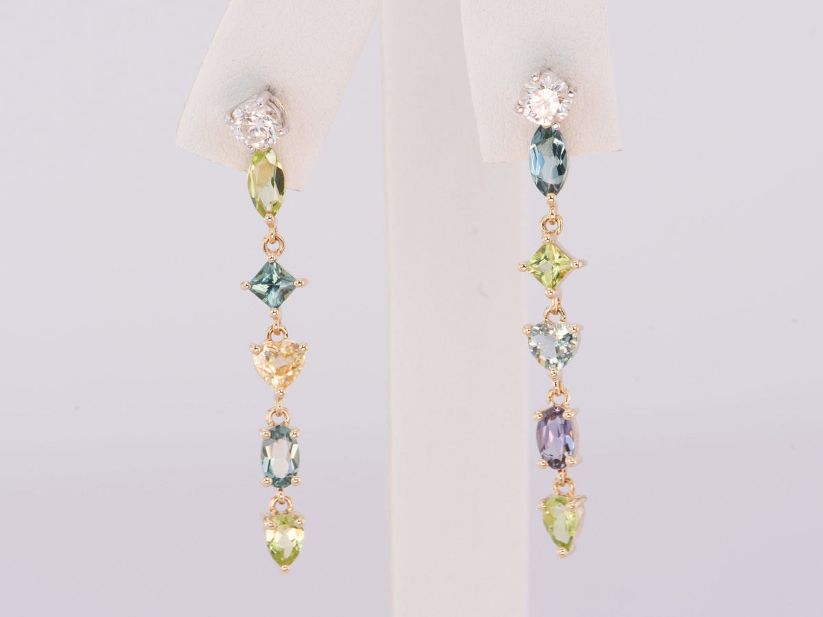 Mixed Bright Color Tourmaline Long Ear Dangles 14K Gold R3185 Aurora Designer