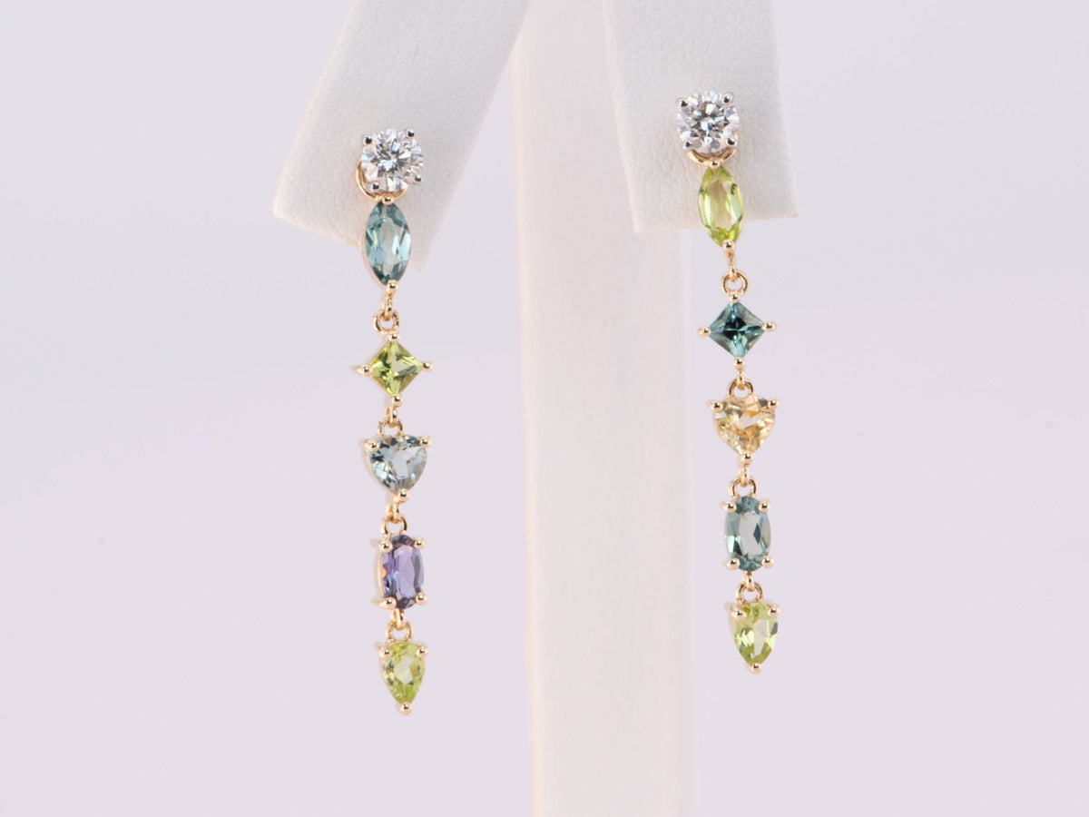 Mixed Bright Color Tourmaline Long Ear Dangles 14K Gold R3185 Aurora Designer