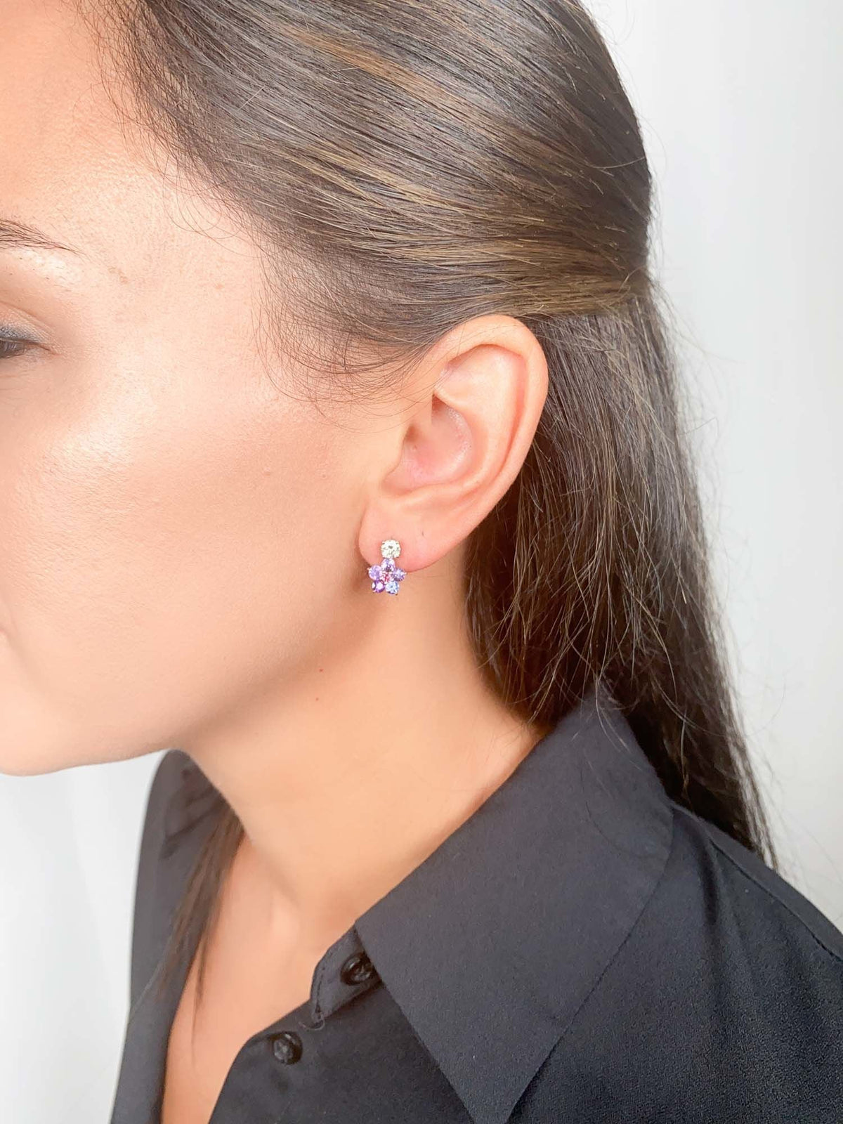 Purple Sapphire and Pink Spinel Flower Ear Dangles 14K Gold R3186 Aurora Designer
