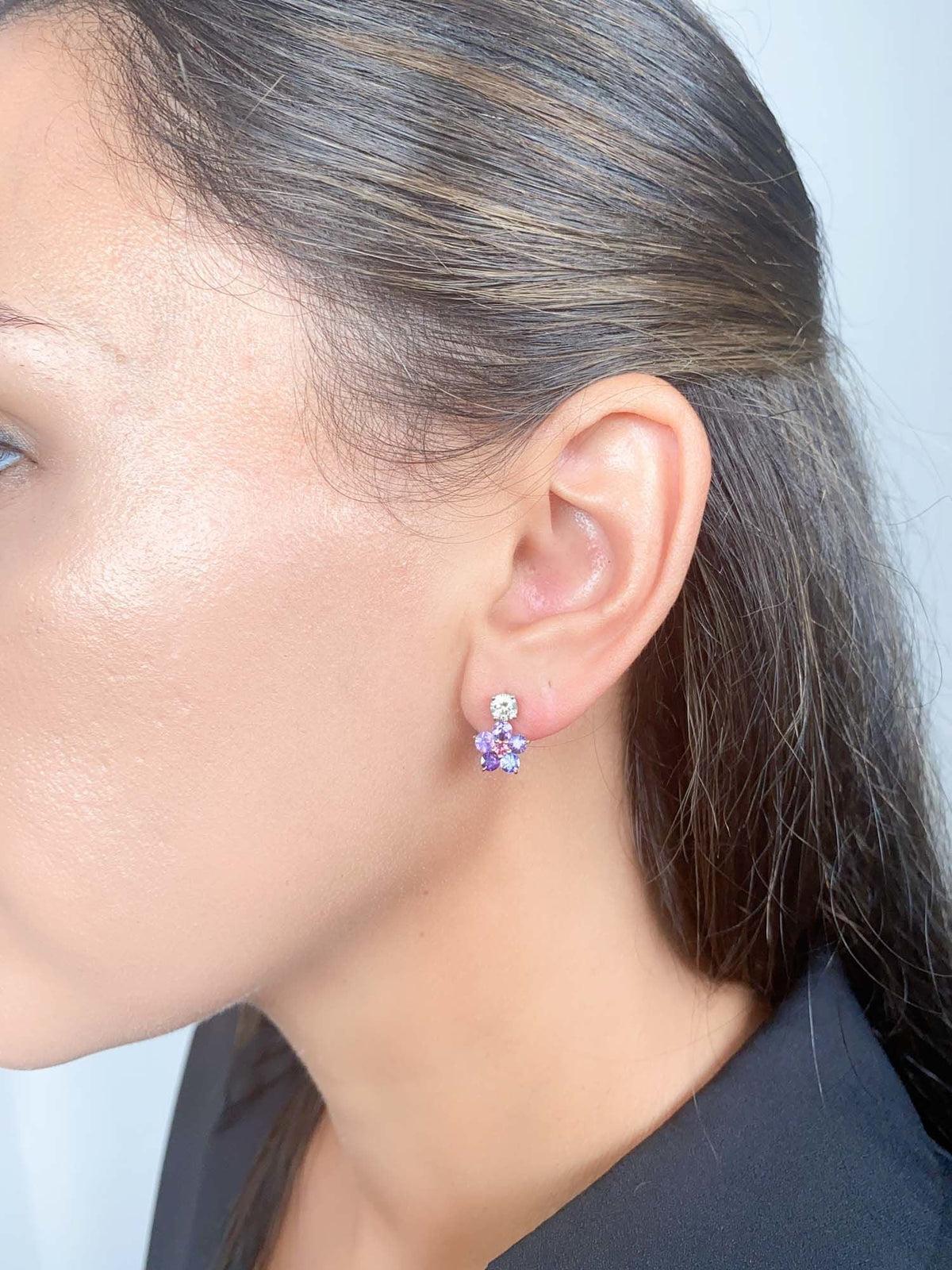 Purple Sapphire and Pink Spinel Flower Ear Dangles 14K Gold R3186 Aurora Designer