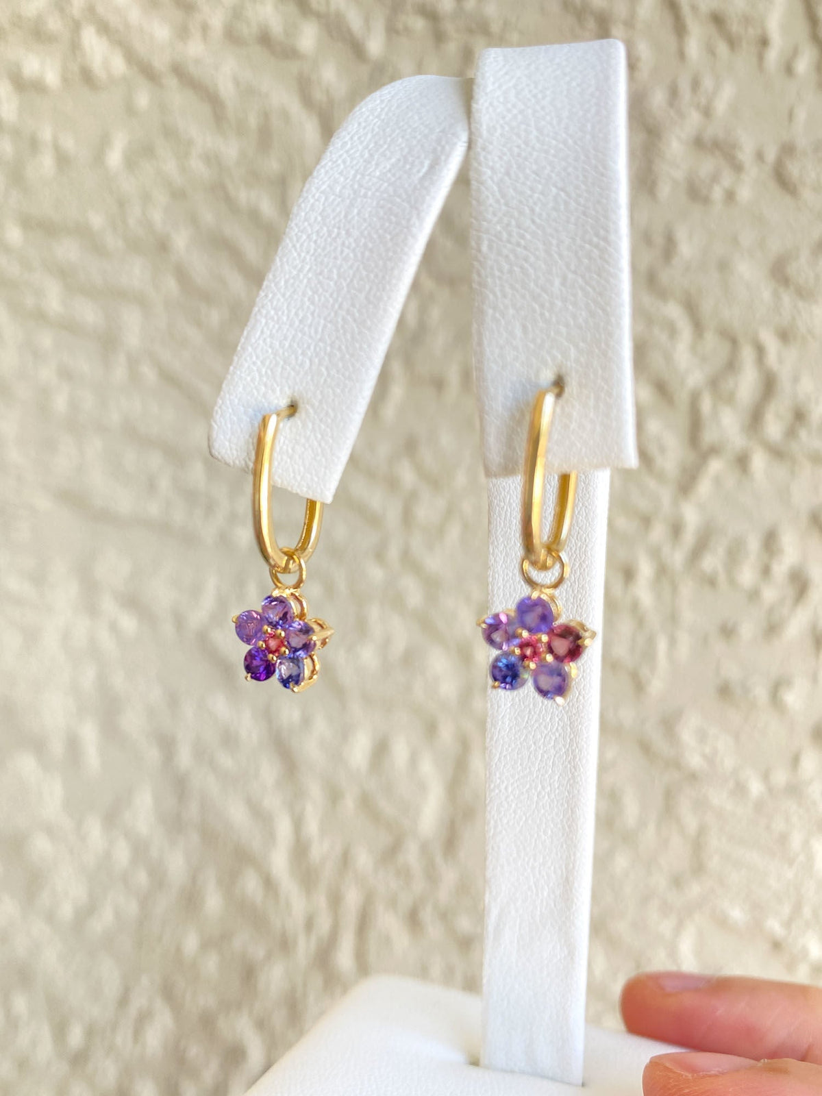 Purple Sapphire and Pink Spinel Flower Ear Dangles 14K Gold R3186 Aurora Designer