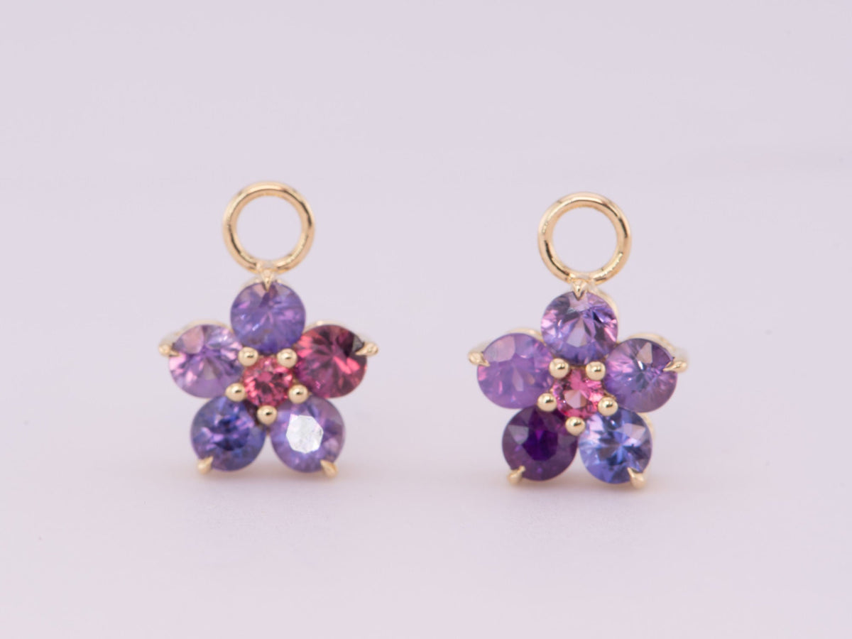 Purple Sapphire and Pink Spinel Flower Ear Dangles 14K Gold R3186 Aurora Designer