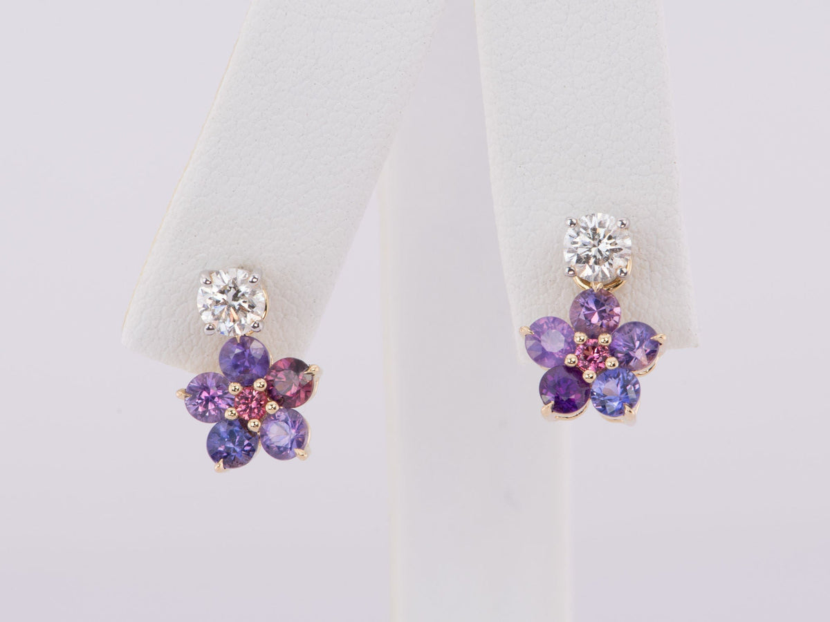 Purple Sapphire and Pink Spinel Flower Ear Dangles 14K Gold R3186 Aurora Designer