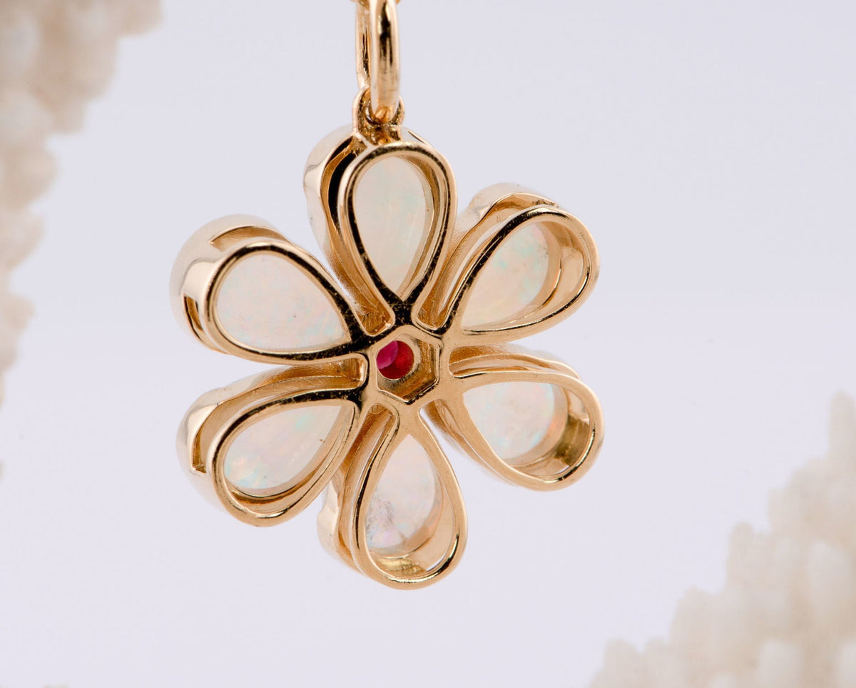 Solid Australian Opal Floral Style Pendant with Garnet Center 14K Gold R4514 Aurora Designer