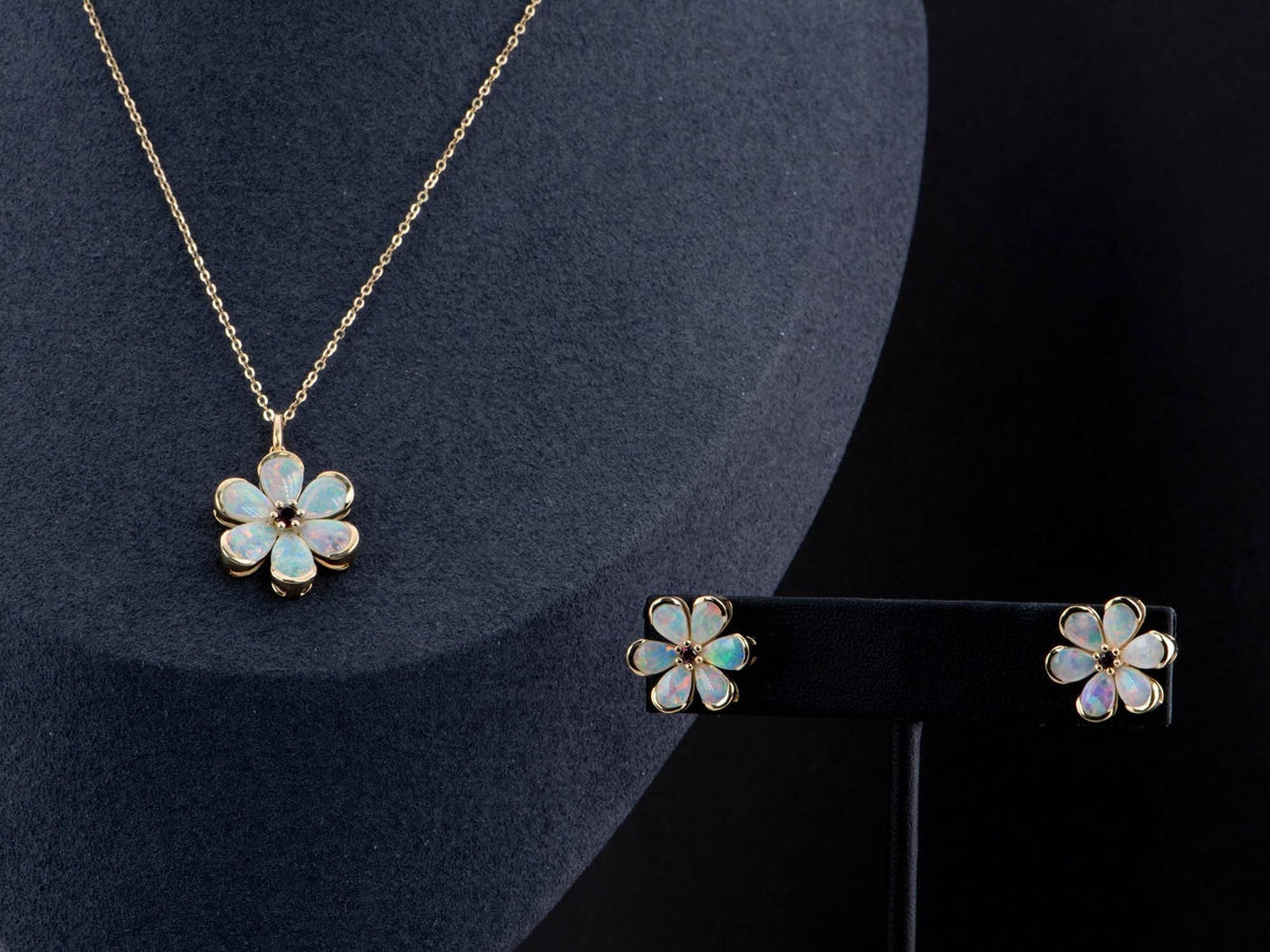 Solid Australian Opal Floral Style Pendant with Garnet Center 14K Gold R4514 Aurora Designer