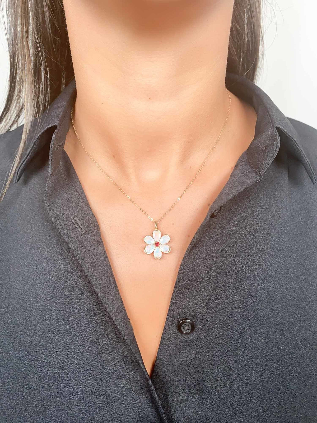 Solid Australian Opal Floral Style Pendant with Garnet Center 14K Gold R4514 Aurora Designer