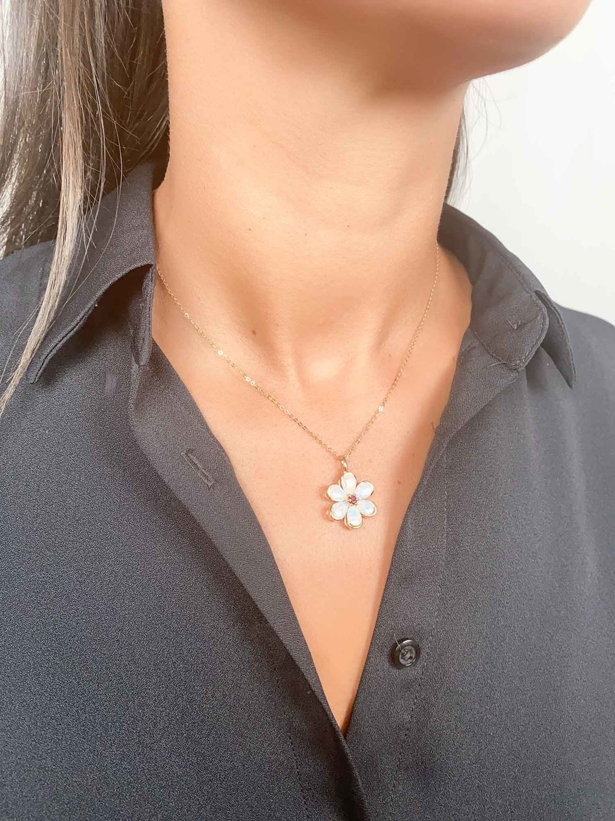 Solid Australian Opal Floral Style Pendant with Garnet Center 14K Gold R4514 Aurora Designer