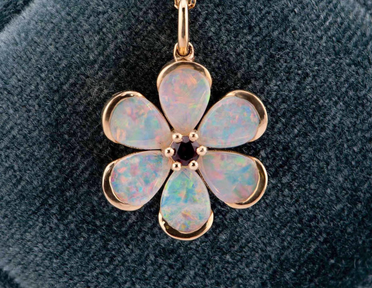 Solid Australian Opal Floral Style Pendant with Garnet Center 14K Gold R4514 Aurora Designer