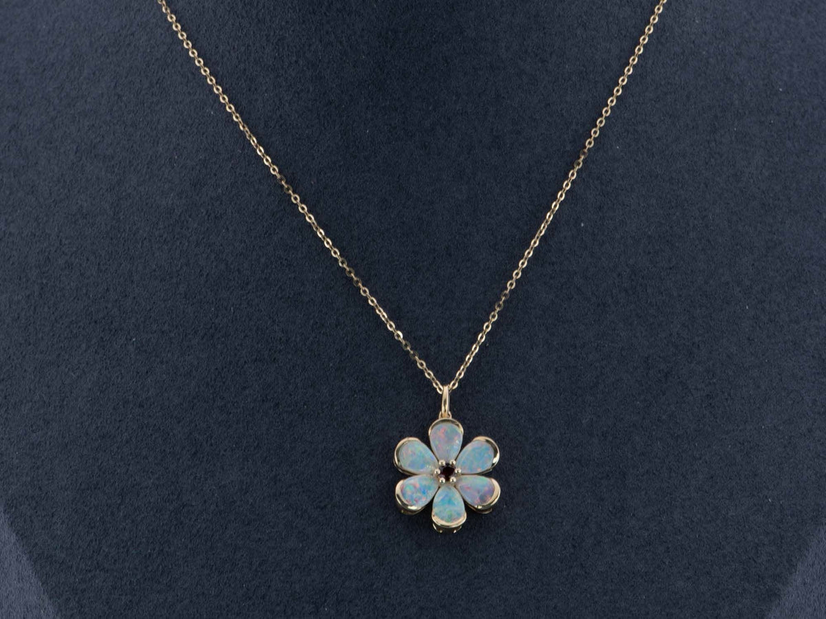 Solid Australian Opal Floral Style Pendant with Garnet Center 14K Gold R4514 Aurora Designer