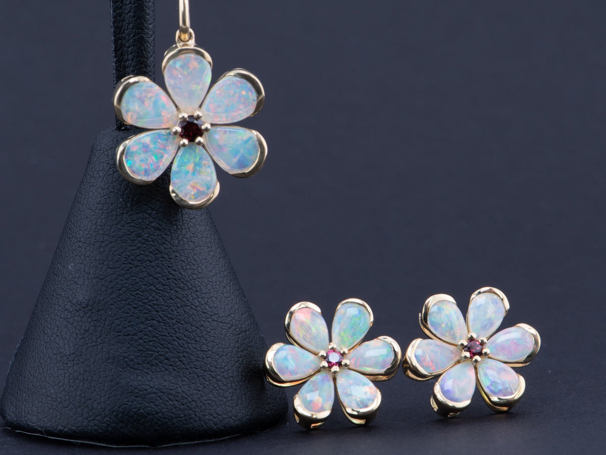 Solid Australian Opal Floral Style Earrings with Garnet Center 14K Gold R3188 Aurora Designer