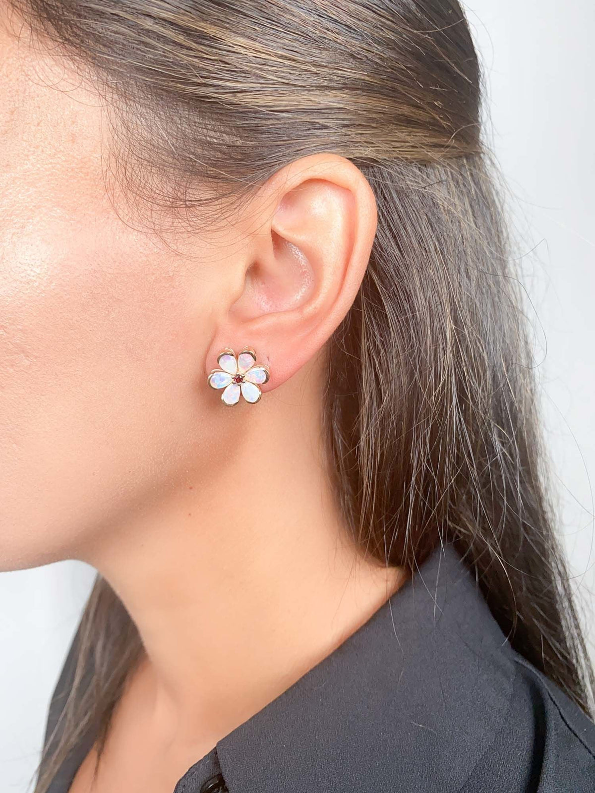 Solid Australian Opal Floral Style Earrings with Garnet Center 14K Gold R3188 Aurora Designer