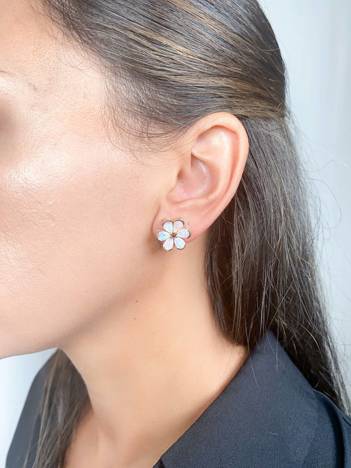 Solid Australian Opal Floral Style Earrings with Garnet Center 14K Gold R3188 Aurora Designer