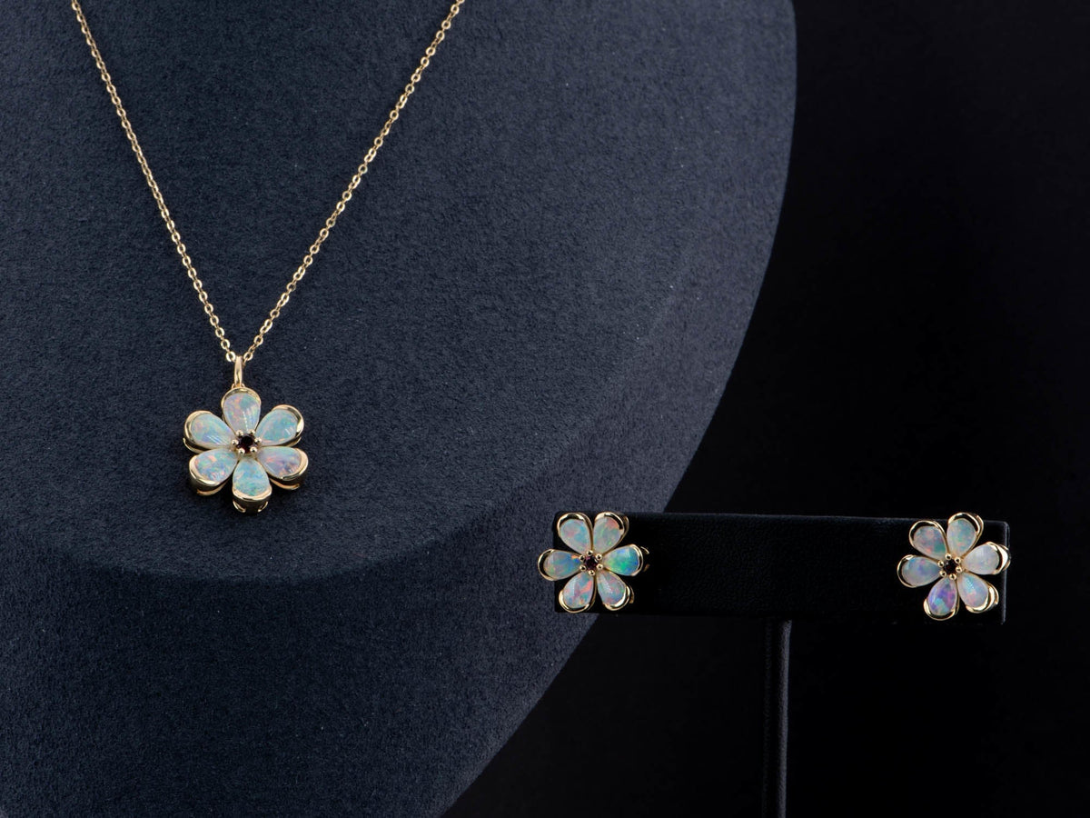 Solid Australian Opal Floral Style Earrings with Garnet Center 14K Gold R3188 Aurora Designer