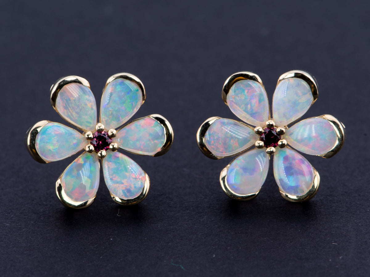 Solid Australian Opal Floral Style Earrings with Garnet Center 14K Gold R3188 Aurora Designer
