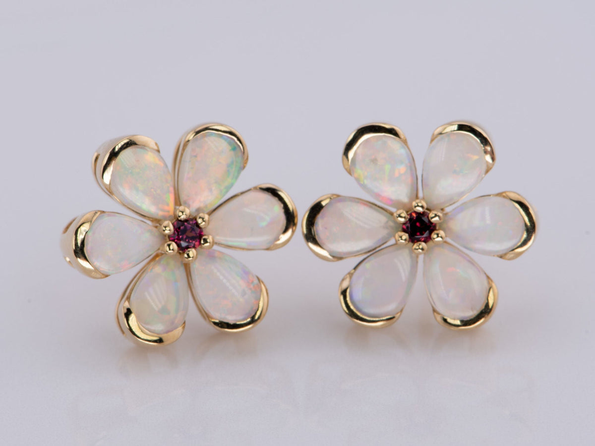 Solid Australian Opal Floral Style Earrings with Garnet Center 14K Gold R3188 Aurora Designer