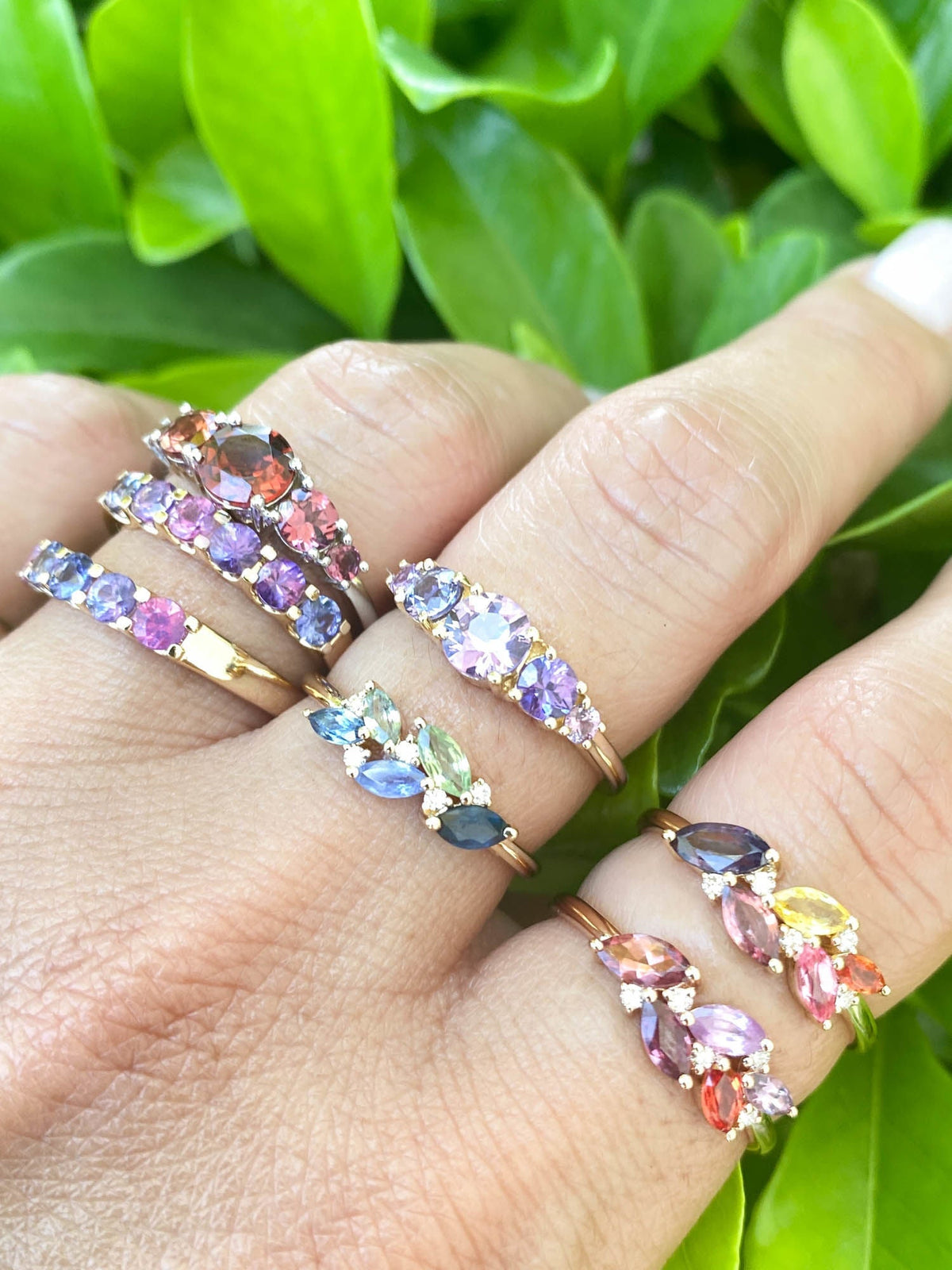 Mixed Sapphire and Garnet 5-Stone Band 14K Gold R5069 Aurora Designer