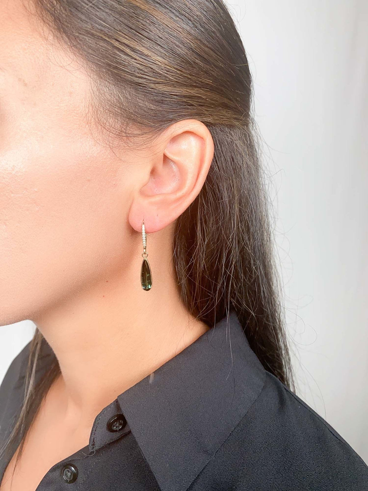 Elongated Lagoon Tourmaline Drop Earrings with Diamond Ear Wire 14K Gold R3189 Aurora Designer