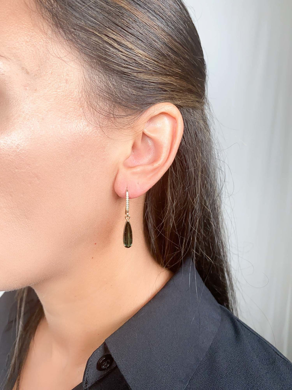 Elongated Lagoon Tourmaline Drop Earrings with Diamond Ear Wire 14K Gold R3189 Aurora Designer