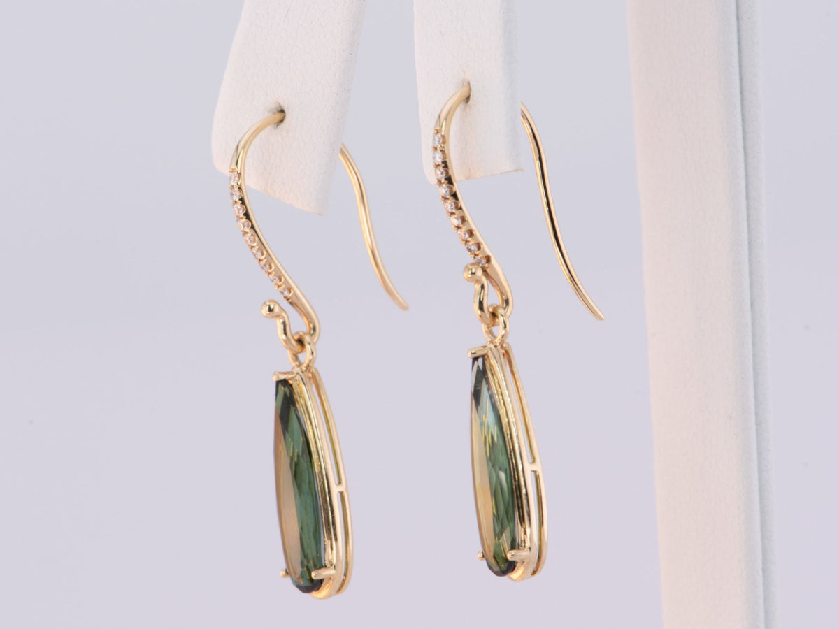 Elongated Lagoon Tourmaline Drop Earrings with Diamond Ear Wire 14K Gold R3189 Aurora Designer