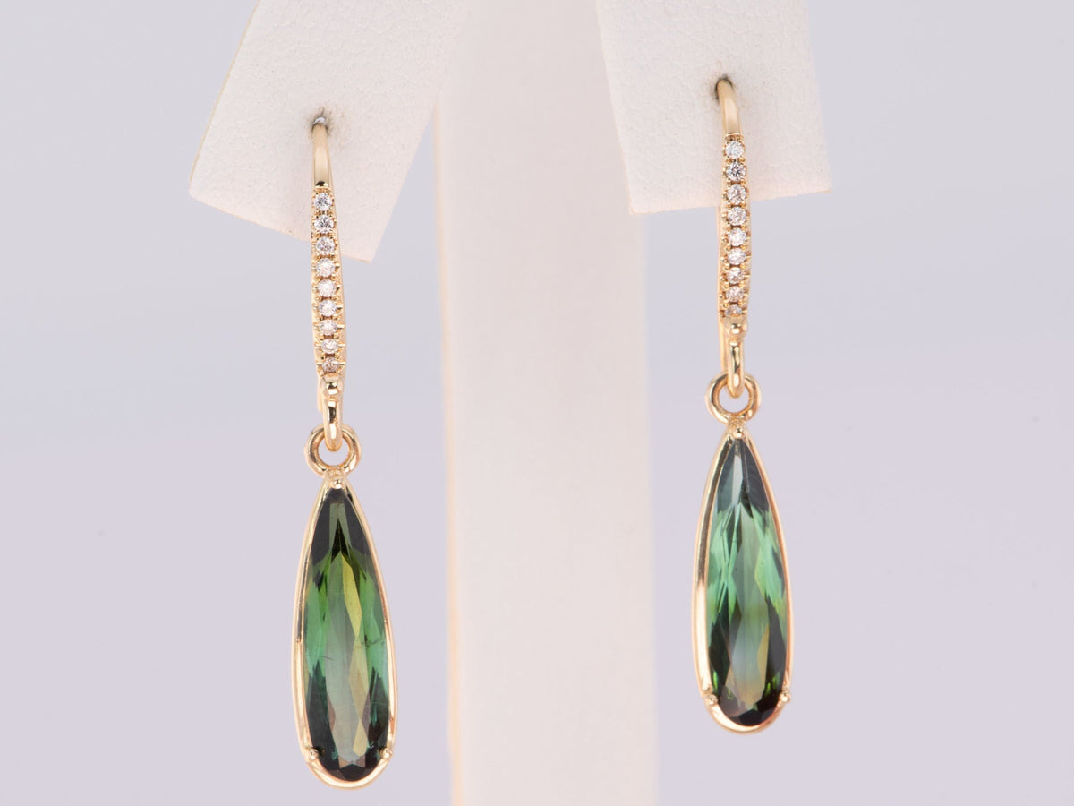 Elongated Lagoon Tourmaline Drop Earrings with Diamond Ear Wire 14K Gold R3189 Aurora Designer