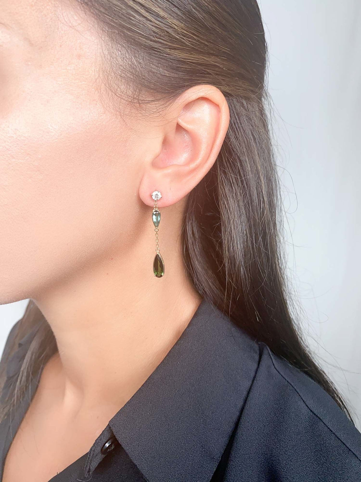 Elongated Shape Lagoon Tourmaline Ear Dangles 14K Gold Versatile Design R3190 Aurora Designer