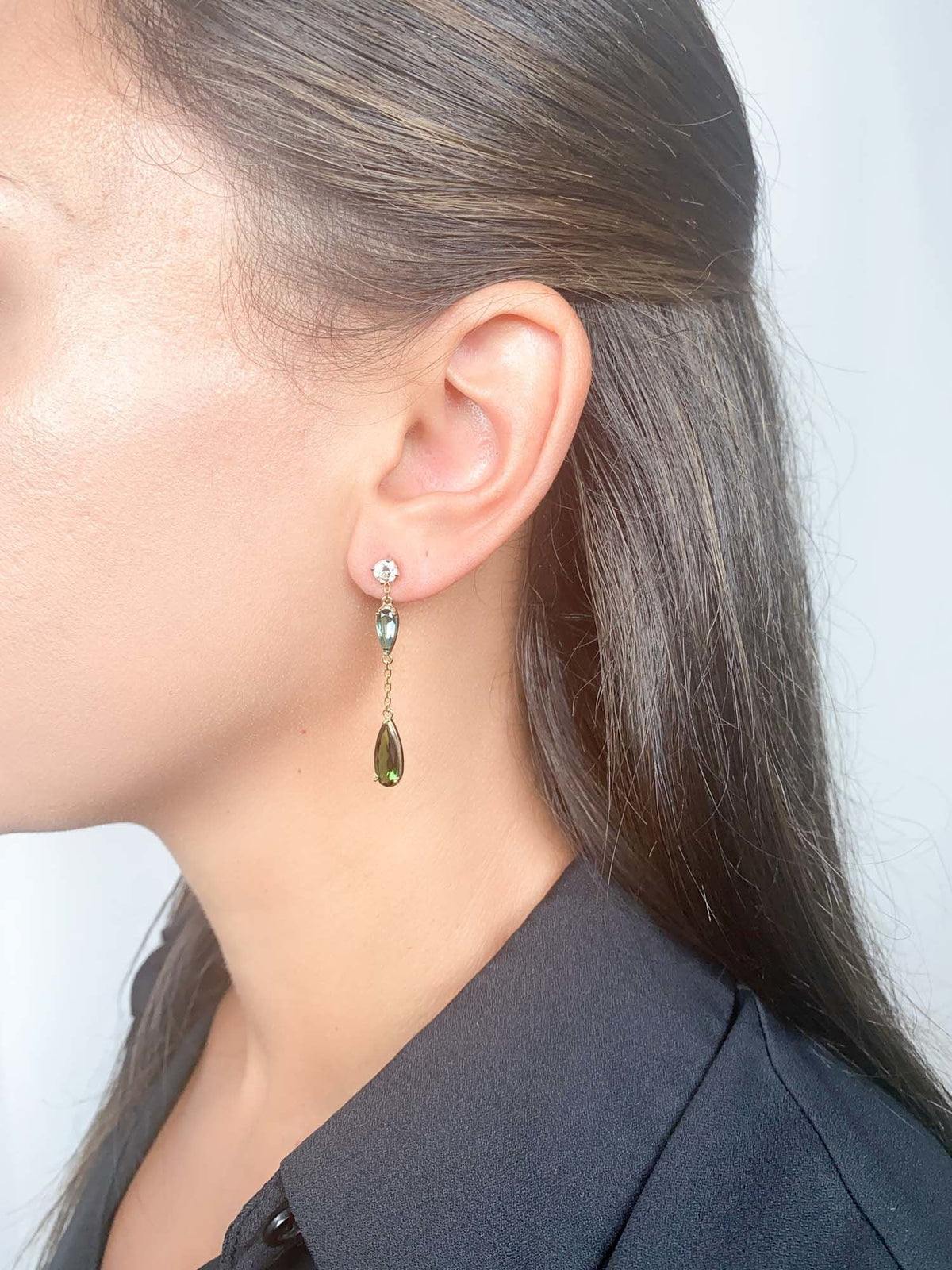 Elongated Shape Lagoon Tourmaline Ear Dangles 14K Gold Versatile Design R3190 Aurora Designer