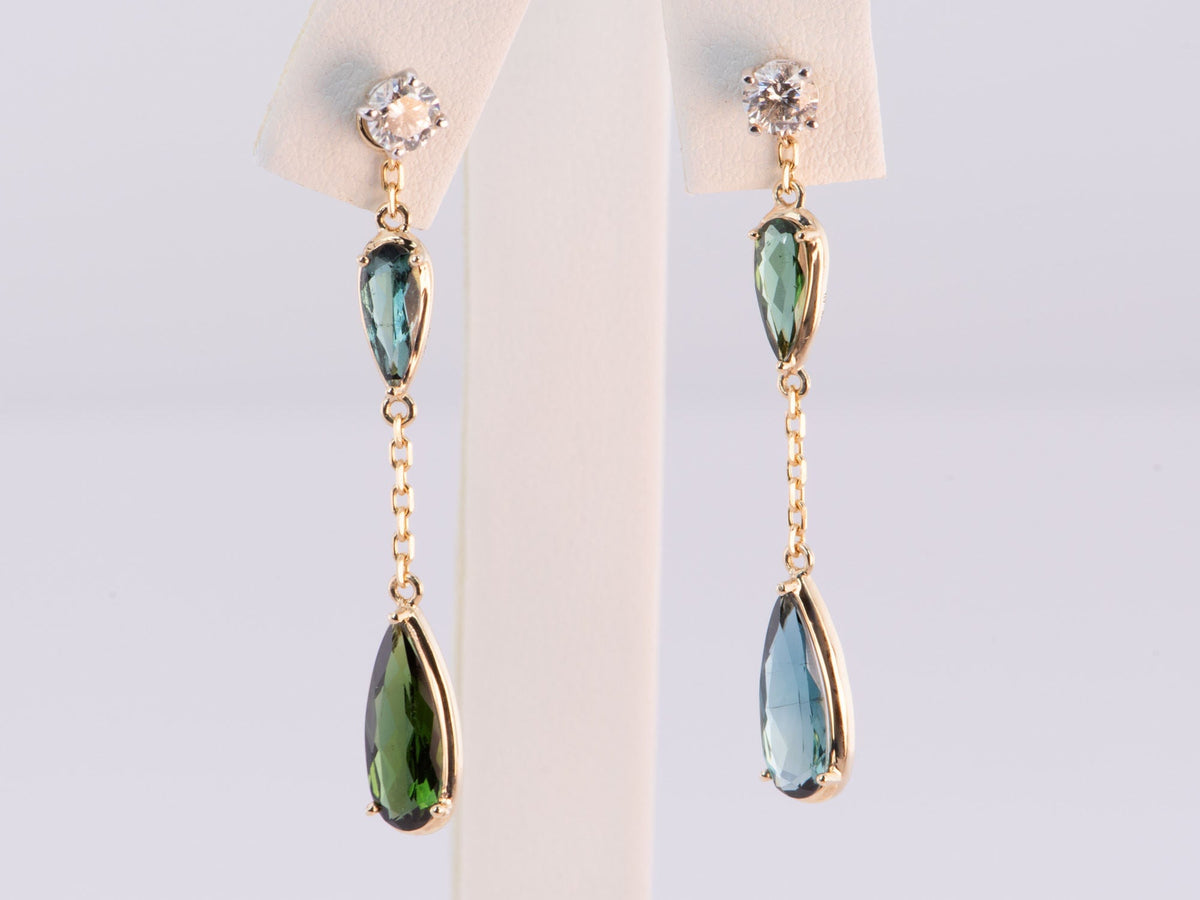 Elongated Shape Lagoon Tourmaline Ear Dangles 14K Gold Versatile Design R3190 Aurora Designer