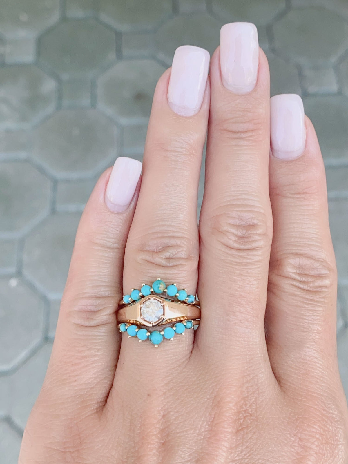 Turquoise Cabochon with Matrix Graduated Size Curve Wedding Band 14K Gold M5057 Aurora Designer