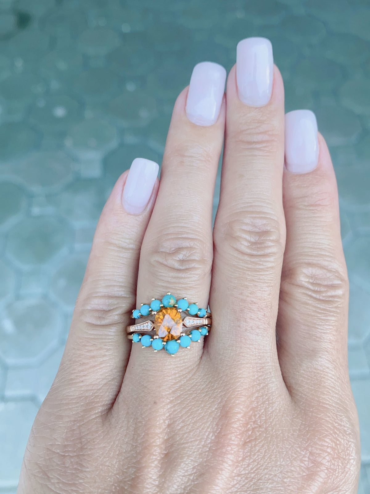 Turquoise Cabochon with Matrix Graduated Size Curve Wedding Band 14K Gold M5057 Aurora Designer