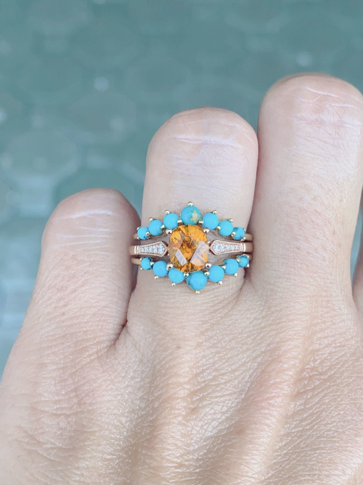 Turquoise Cabochon with Matrix Graduated Size Curve Wedding Band 14K Gold M5057 Aurora Designer