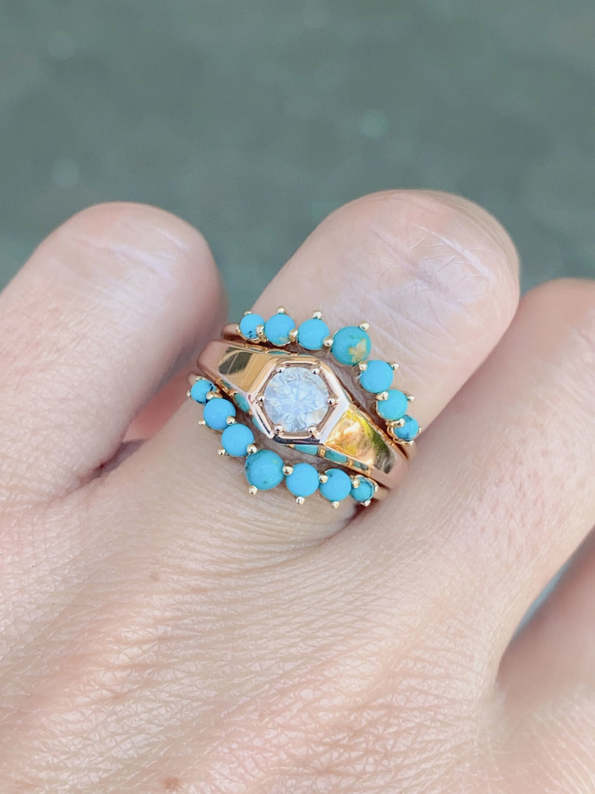 Turquoise Cabochon with Matrix Graduated Size Curve Wedding Band 14K Gold M5057 Aurora Designer