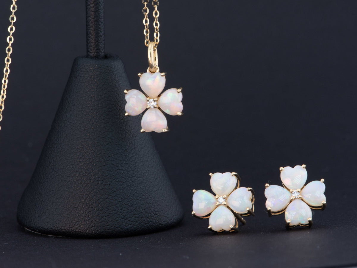 Solid Australian Opal and Diamond Clover Pendant 14K Gold R4516 Aurora Designer