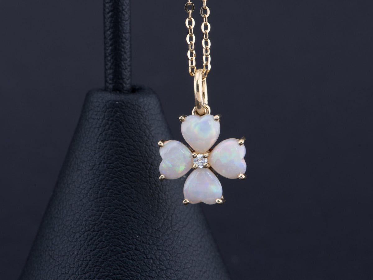 Solid Australian Opal and Diamond Clover Pendant 14K Gold R4516 Aurora Designer